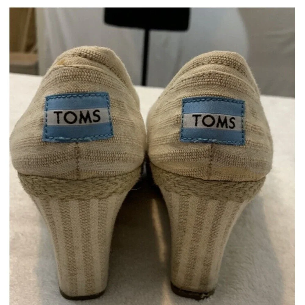Toms Espadrilles Wedges Womens Size 7.5 Khaki Striped Open Toe